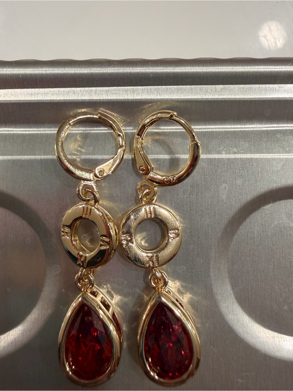 Gold-Tone Red Teardrop Hoop Drop Earrings
